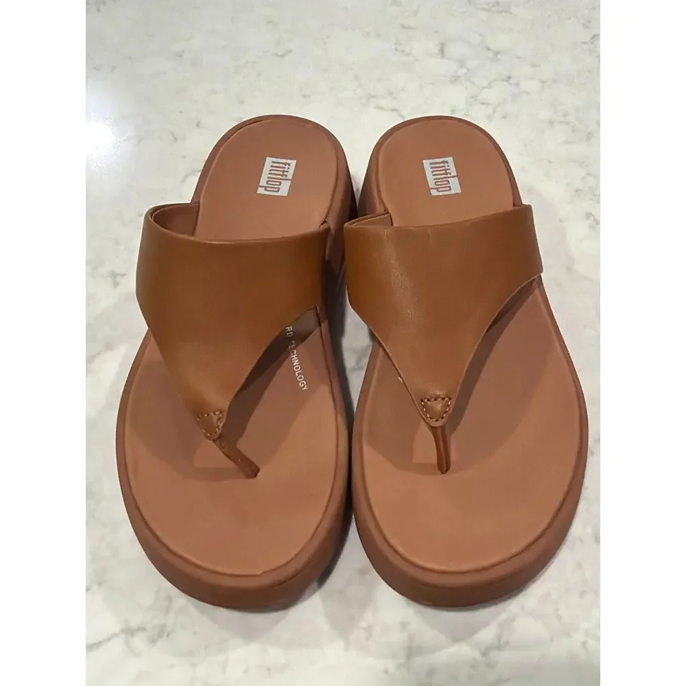 NWT Fitflop Women’s F-Mode Leather Flatform Toe-Post Sandals Size 6.5 Brown